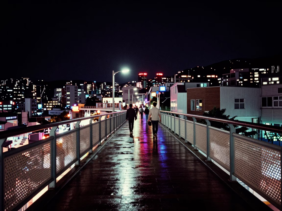 Late Night Busan Street Scene With Wet Footsteps and Perforated Metal Pedestrian Overpass in in Busan, South Korea