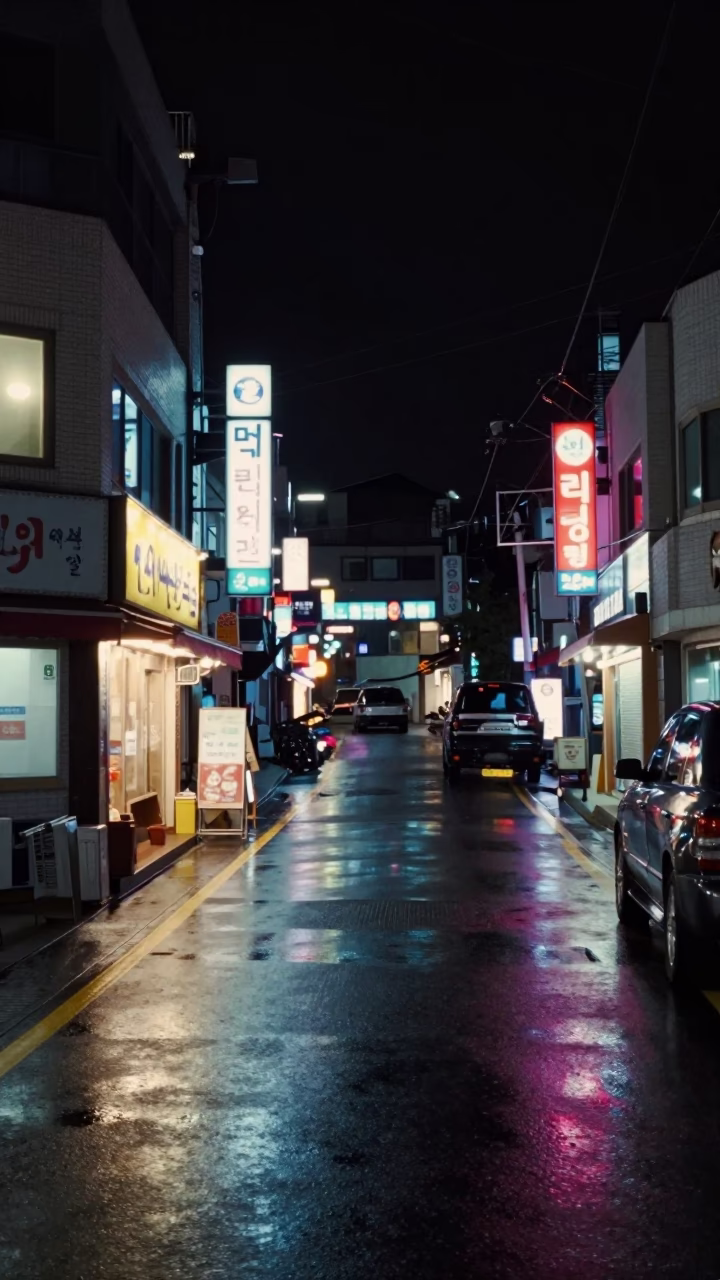 Late Night Busan Street Scene with Window Light and Dog in in Busan, South Korea