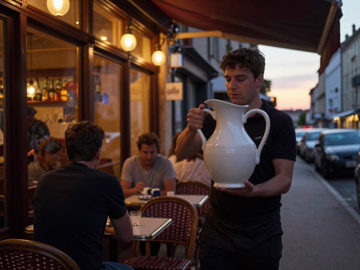 Late Night Cafe in Nice France with Ceramic Pitcher and Street Scene in in Nice, France