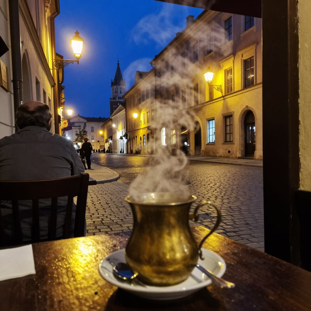 Late Night Cafe Scene in Krakow Poland with Steam and Tea Kettle in in Krakow, Poland