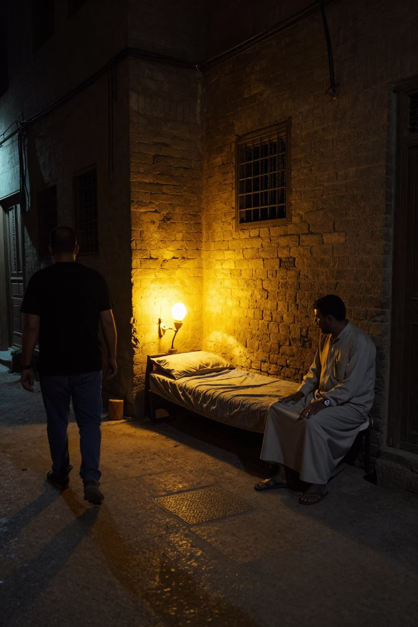 Late Night Cairo Street Scene with Bedside Lamp Glow and Urban Details in in Cairo, Egypt