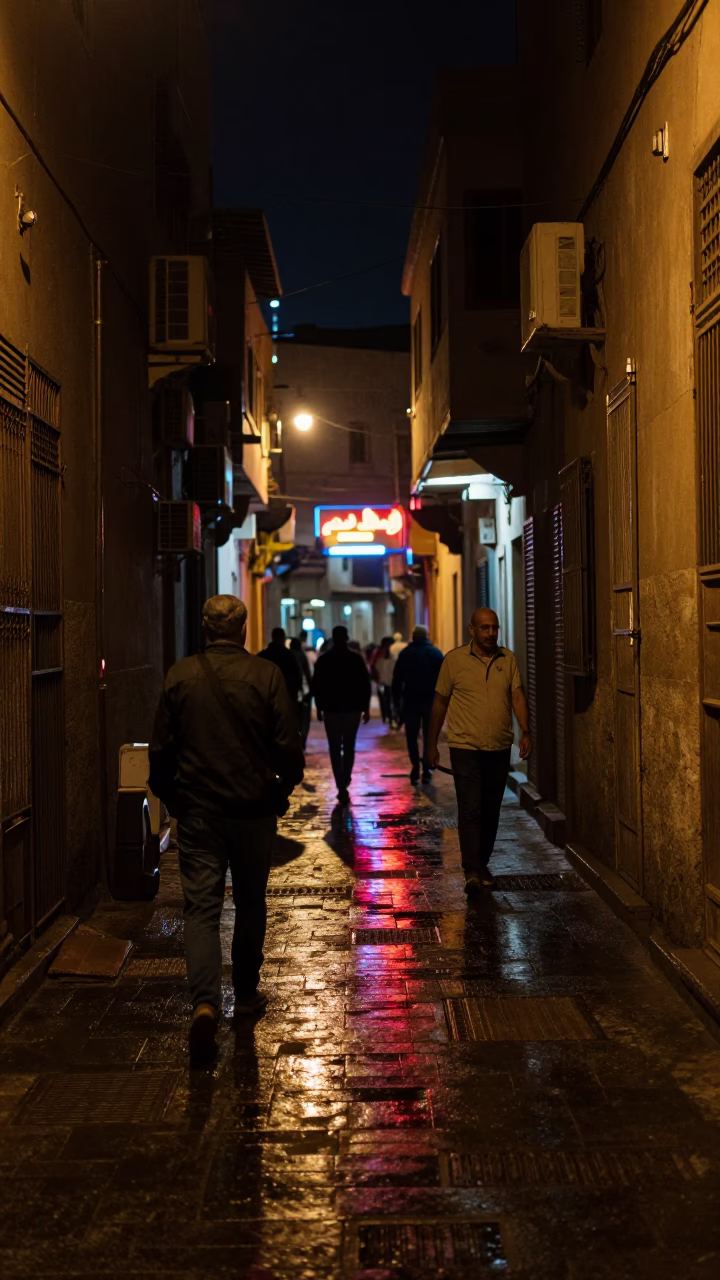Late Night Cairo Street Scene with Brushed Steel Hinge and Clear Glass Drain in in Cairo, Egypt