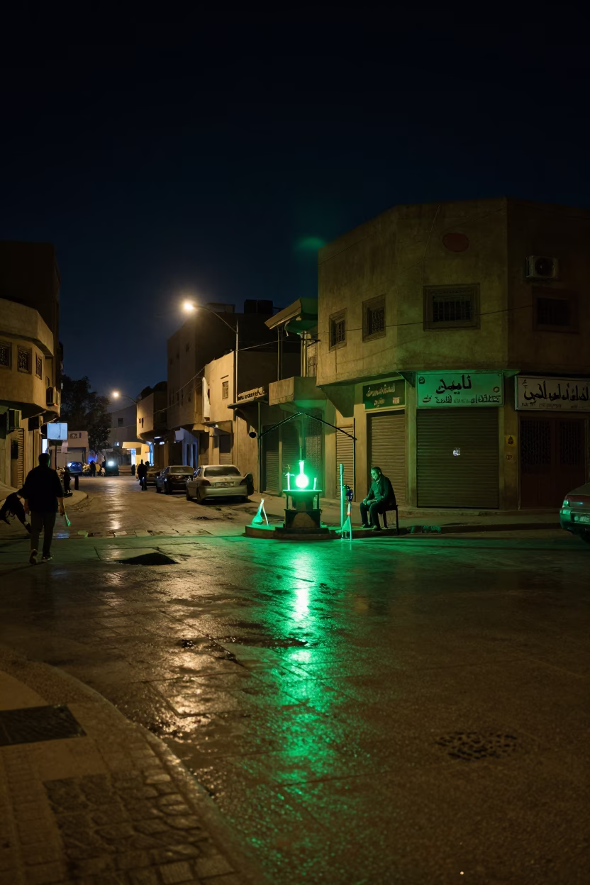 Late Night Cairo Street Scene with Green Light Reflections and Urban Details in in Cairo, Egypt