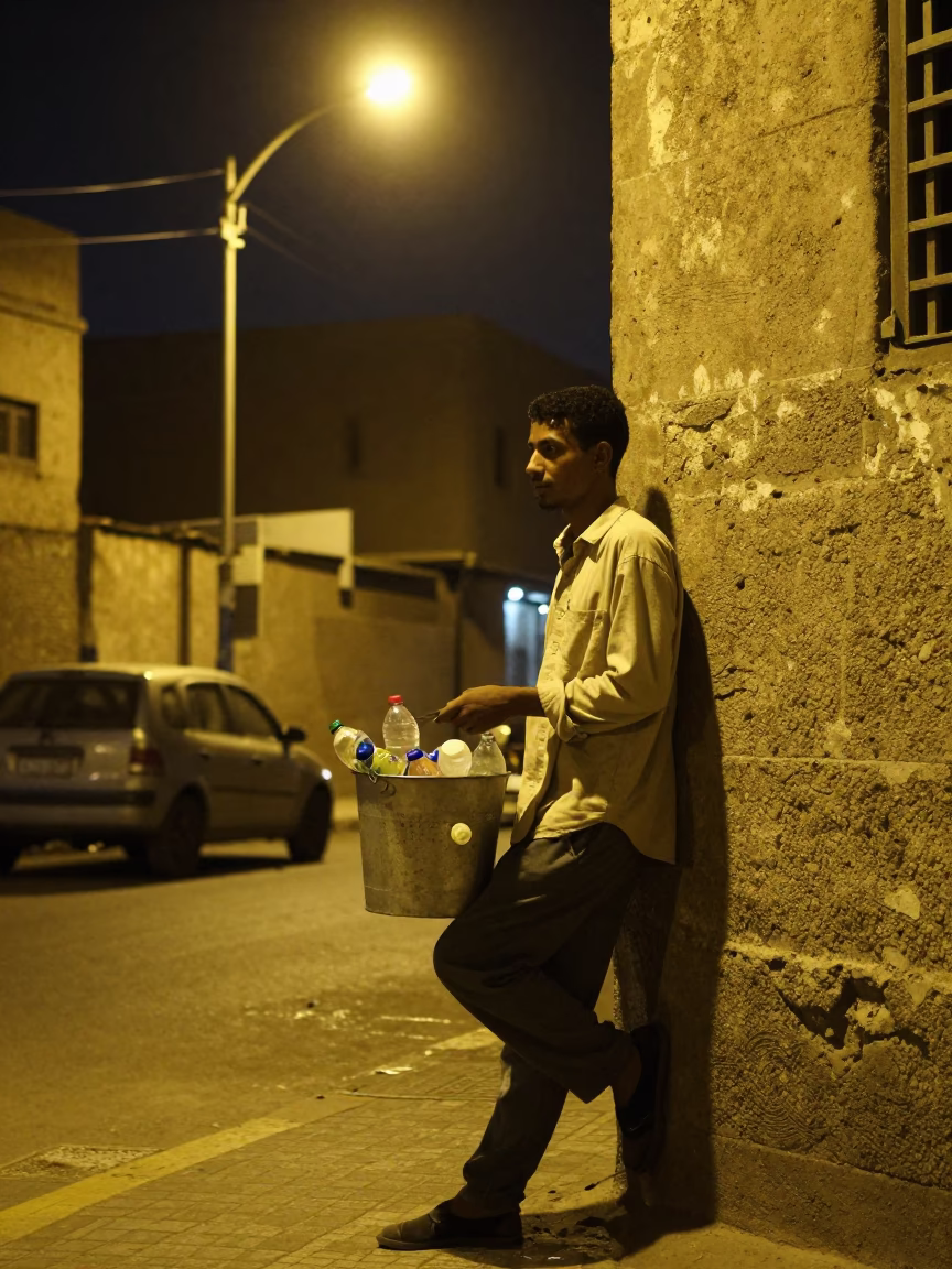 Late Night Cairo Street Scene with Metal Bucket and Twine Details in in Cairo, Egypt