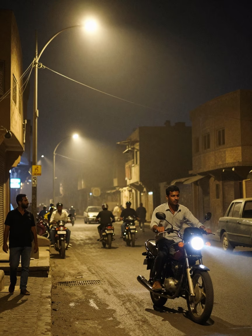 Late Night Cairo Street Scene with Motorcycle and Pitcher in Egypt in in Cairo, Egypt