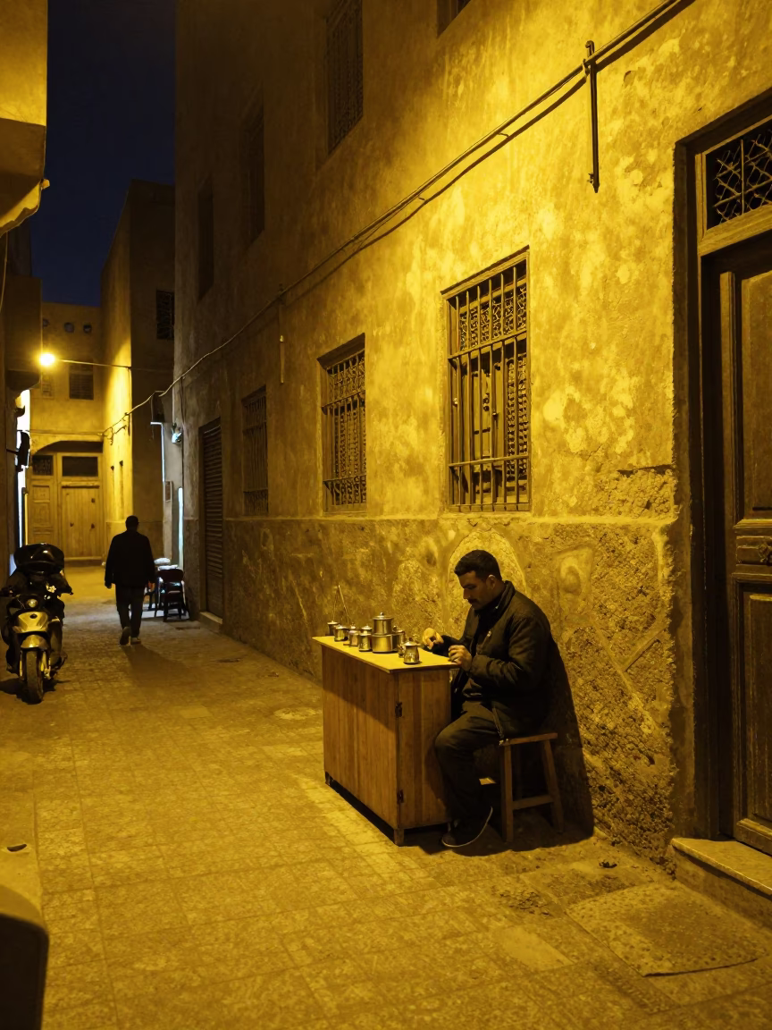 Late Night Cairo Street Scene with Tea Tin and Saucers in Dimly Lit Shop in in Cairo, Egypt