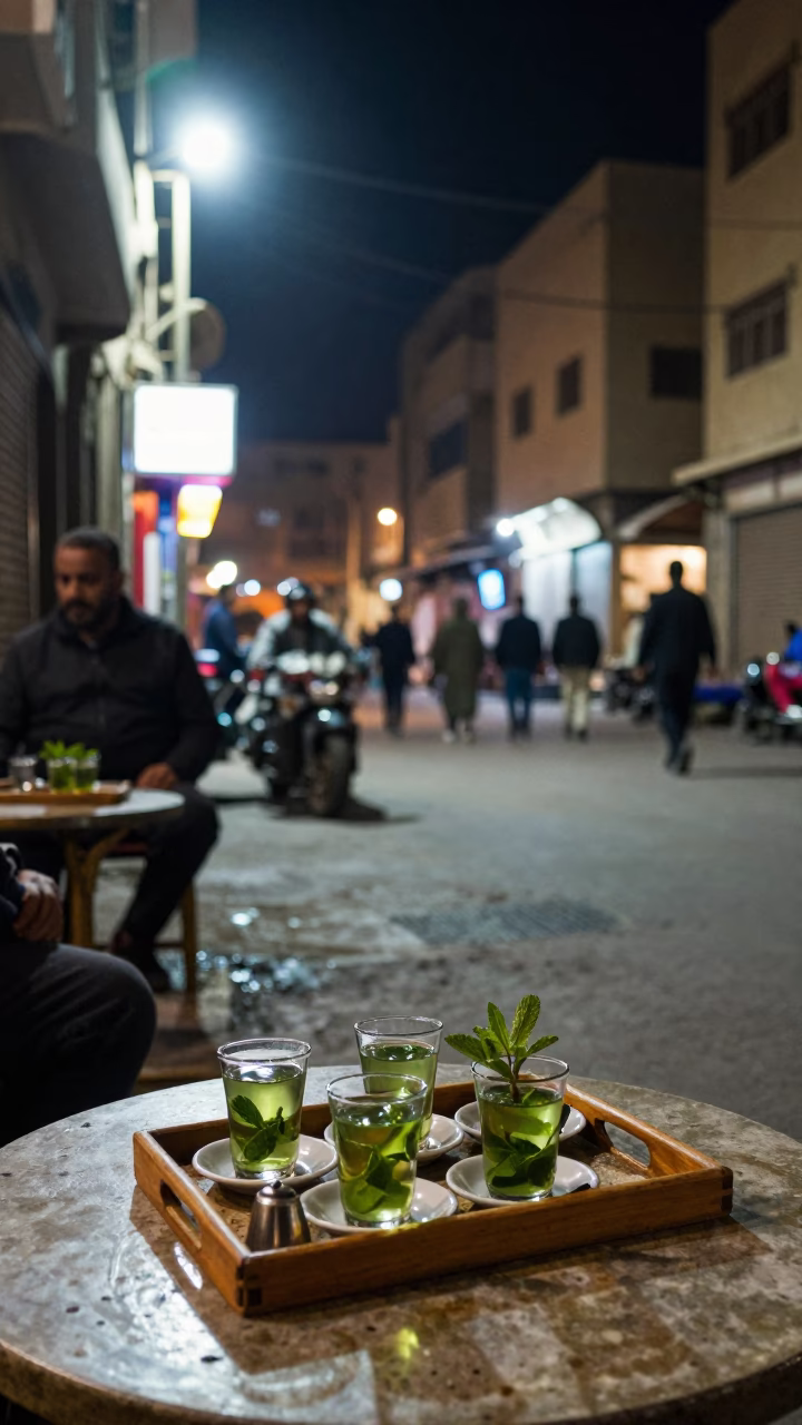 Late Night Cairo Street Scene with Tea Tray and Glass Tile Detail in in Cairo, Egypt