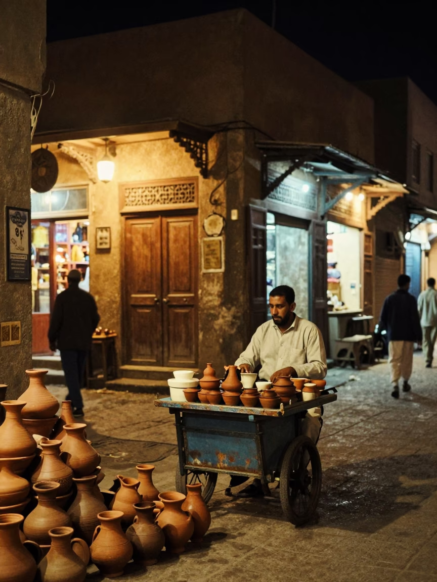 Late Night Cairo Street Scene with Traditional Clay Pot and Ceramic Bowl in in Cairo, Egypt