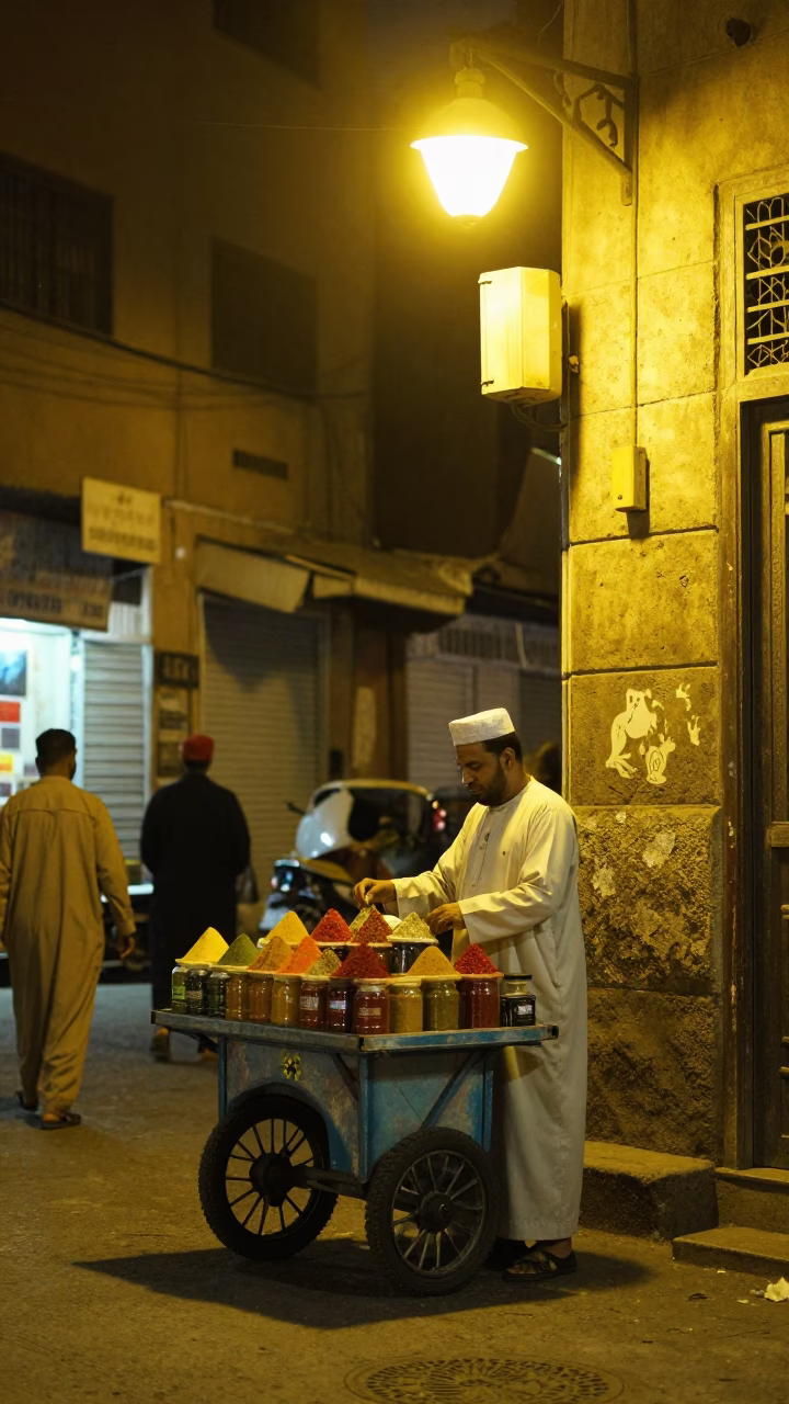 Late Night Cairo Street Scene with Vendor and Traditional Decor in in Cairo, Egypt