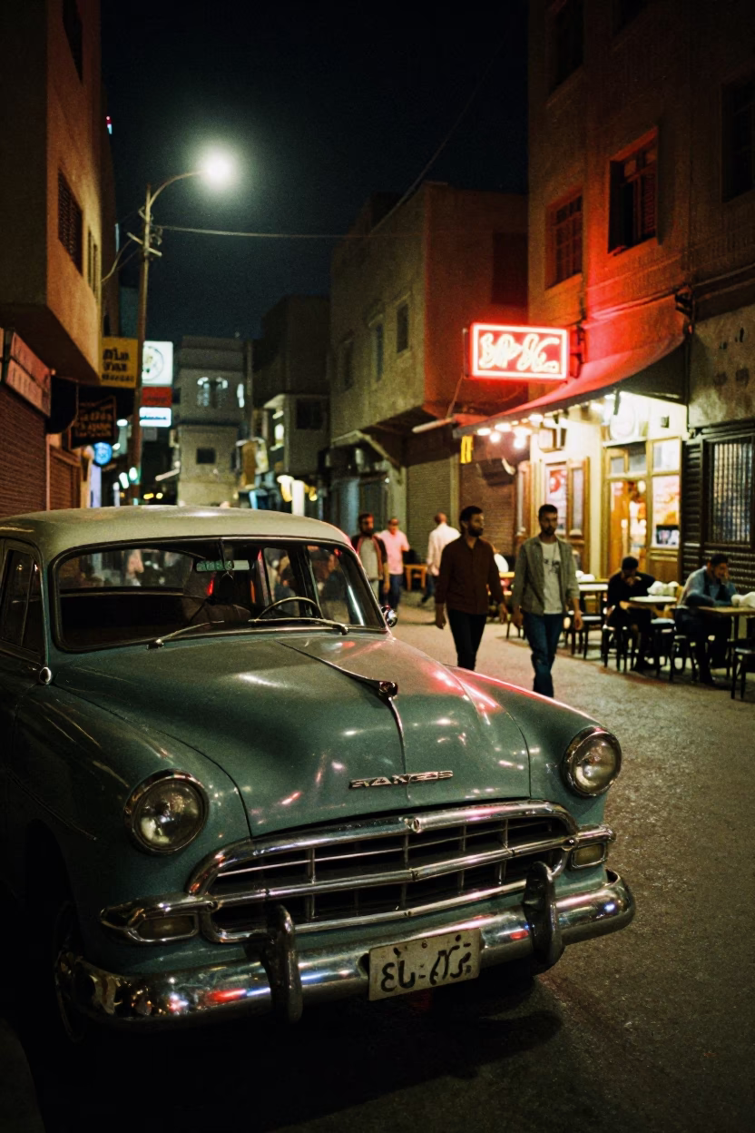 Late Night Cairo Street Scene with Vintage 1960s Aesthetic and Local Life in in Cairo, Egypt