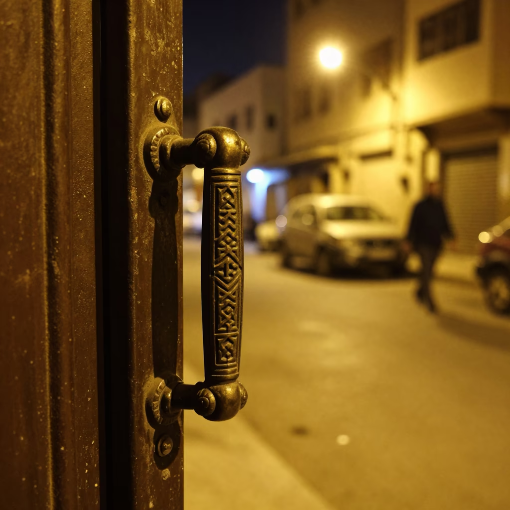 Late Night Cairo Street Scene with Vintage Door Handle and Work Stool in in Cairo, Egypt