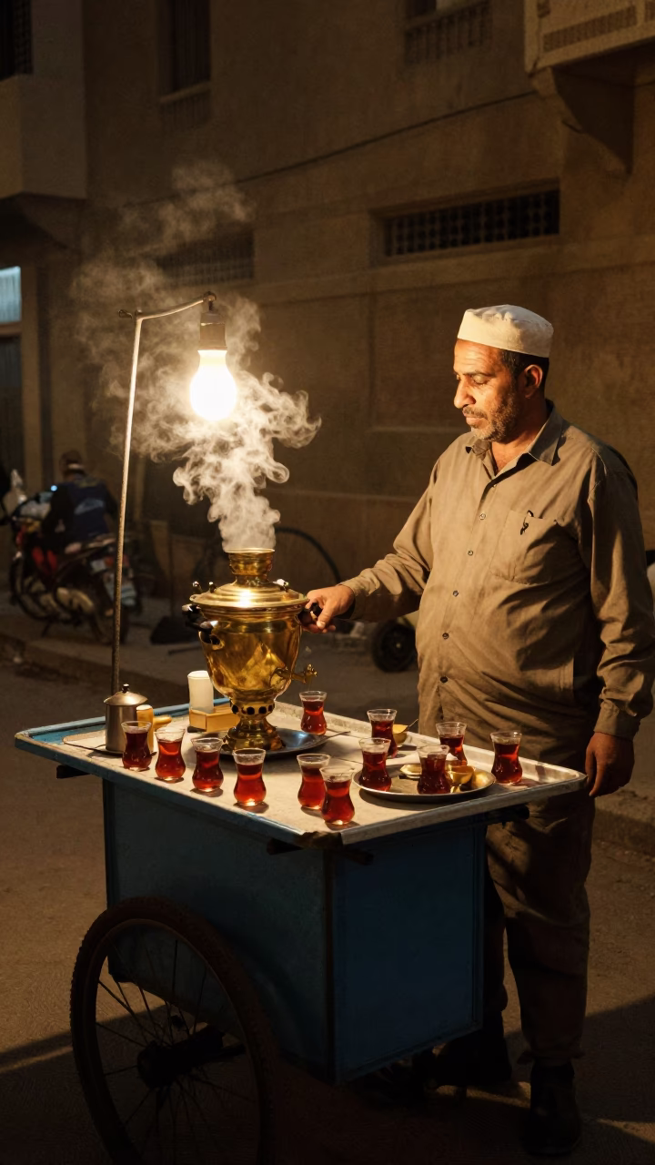 Late Night Cairo Street Scene With Vintage Tea Service And Traditional Architecture in in Cairo, Egypt