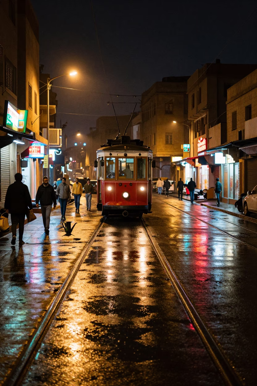 Late Night Cairo Street Scene with Watering Jug and Heritage Tram in in Cairo, Egypt