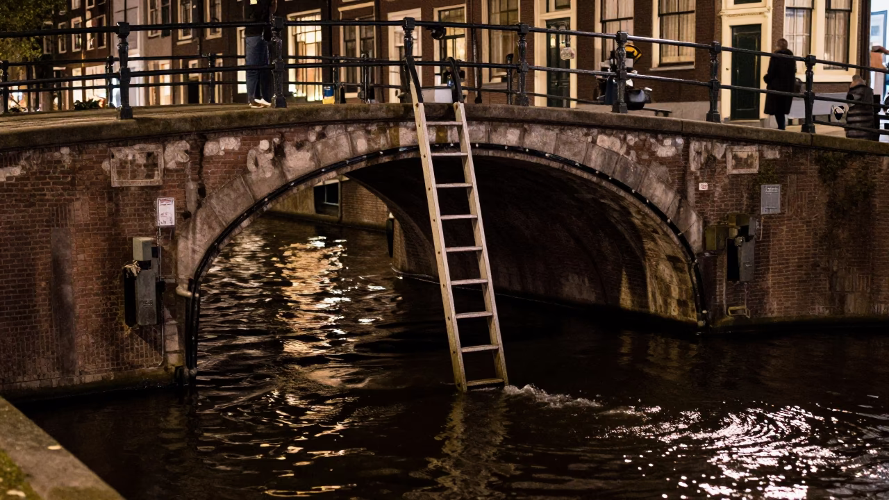Late Night Canal Bridge Inspection Ladder Above Choppy Water in Amsterdam in in Amsterdam, Netherlands