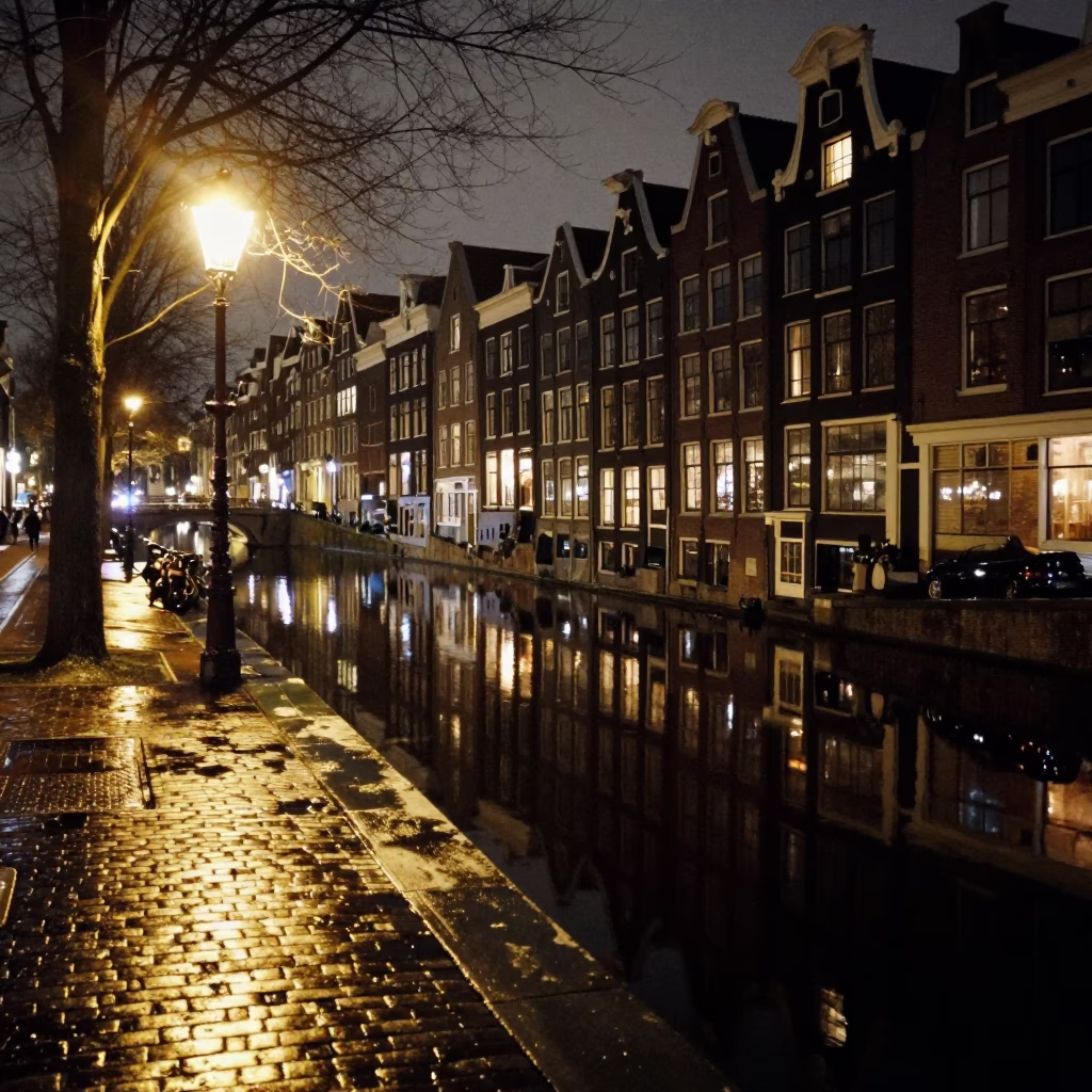 Late Night Canal View Amsterdam Netherlands Street Scene with Reflections in in Amsterdam, Netherlands