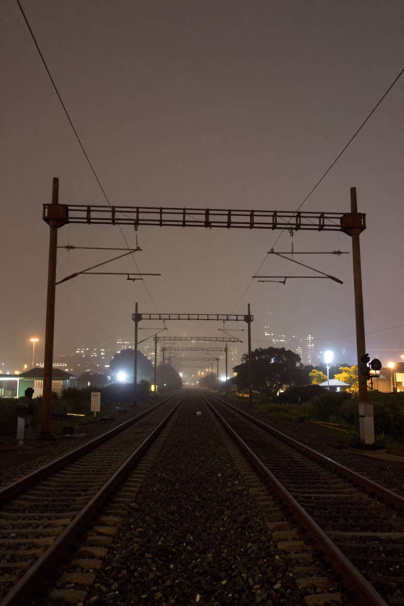 Late Night Cape Town Signal Gantry Above Parallel Rail Lines in Mist in in Cape Town, South Africa