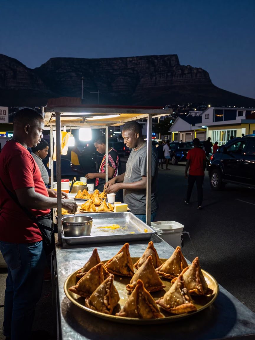 Late Night Cape Town Street Food Stall with Samosas and Neon Signage in in Cape Town, South Africa