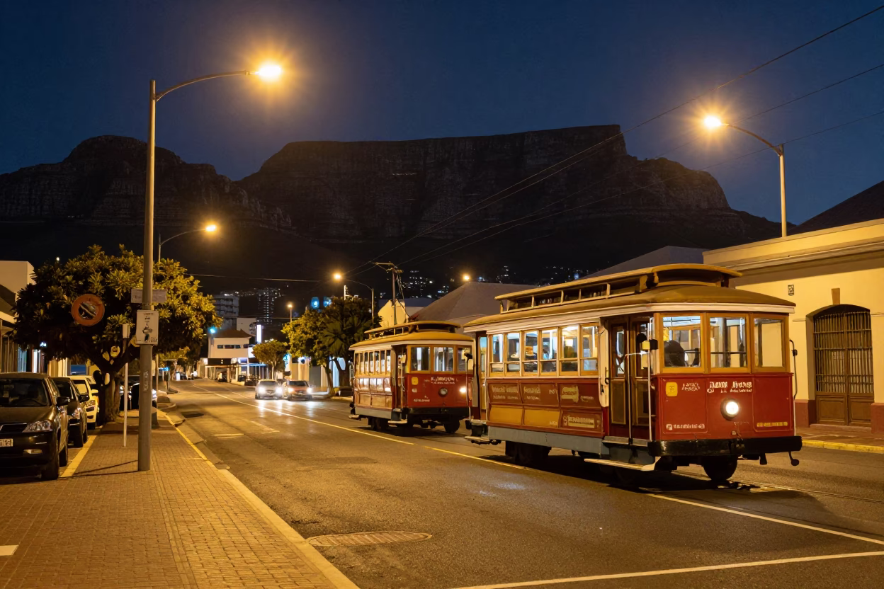 Late Night Cape Town Street Scene with Cable Car and Eggplants in in Cape Town, South Africa