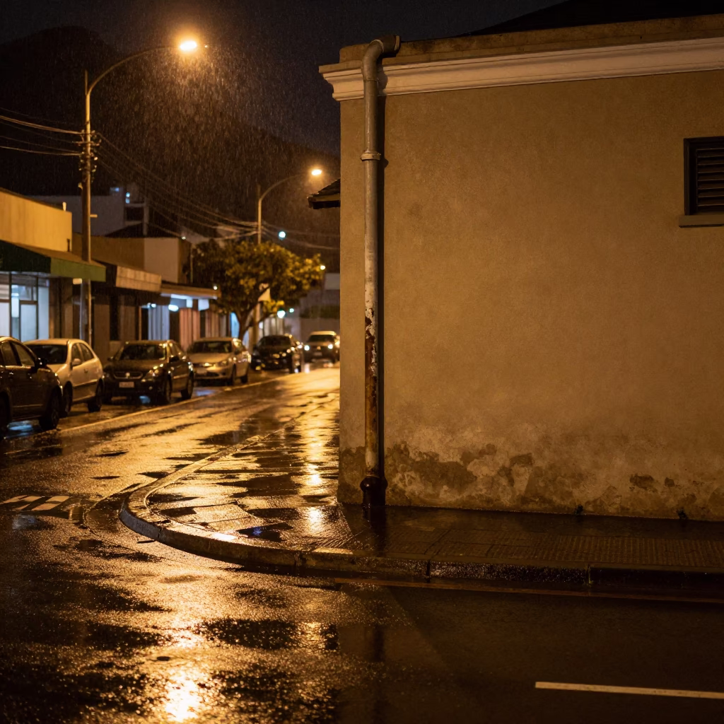 Late Night Cape Town Street Scene with Condensation and Wet Pavement Reflections in in Cape Town, South Africa