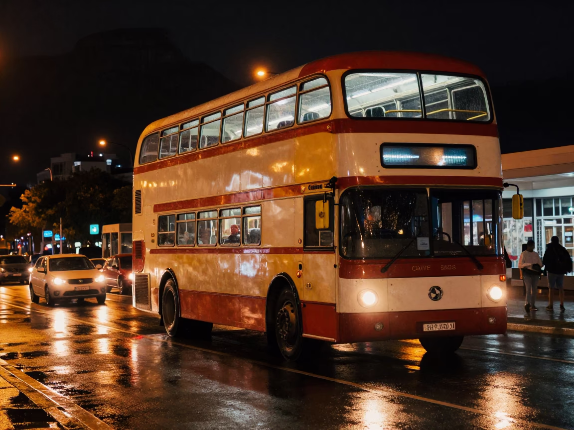 Late Night Cape Town Street Scene with Double-Decker Bus at Rainy Stop in in Cape Town, South Africa