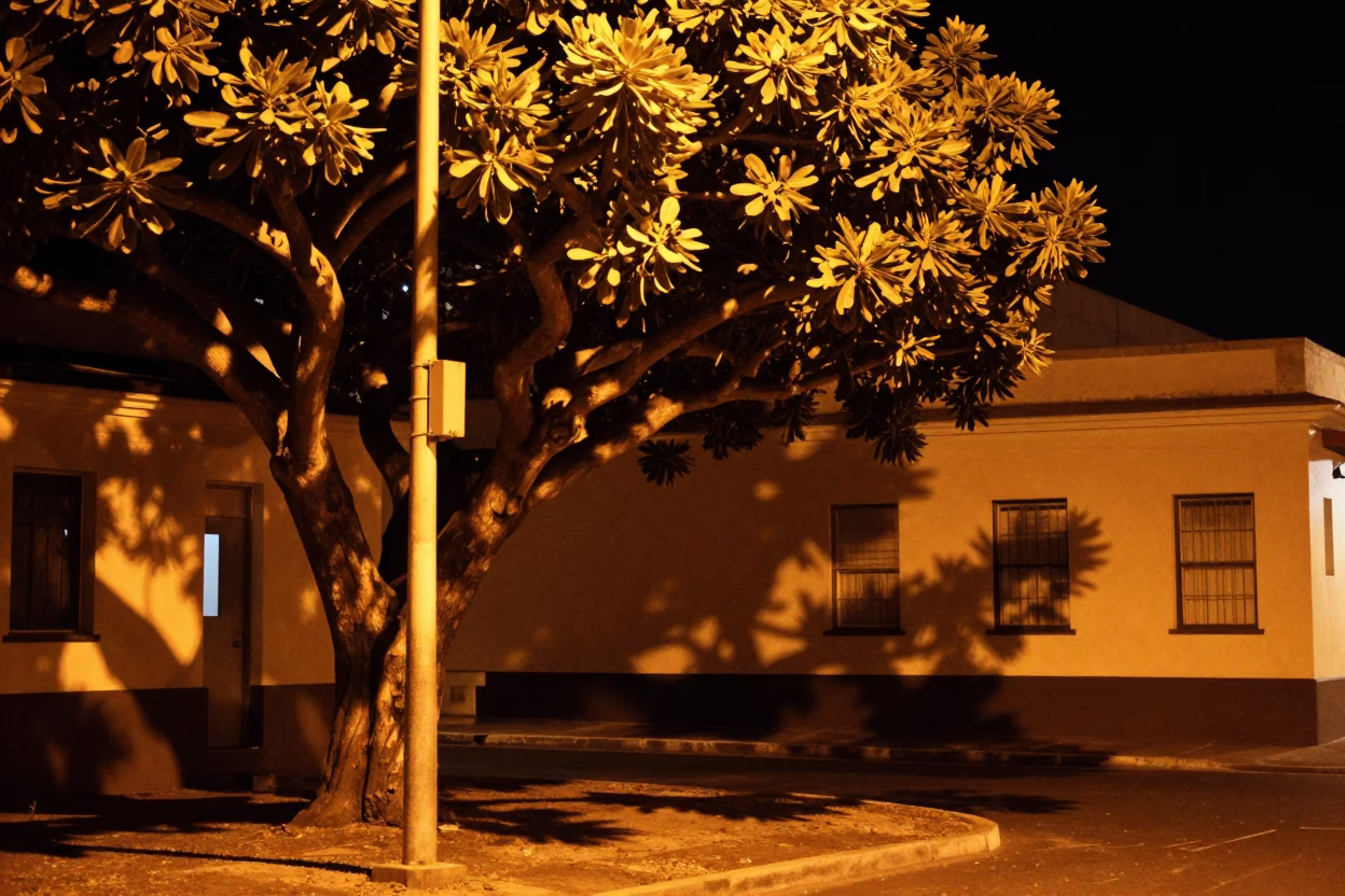 Late Night Cape Town Street Scene with Fig Tree and Urban Lighting in in Cape Town, South Africa