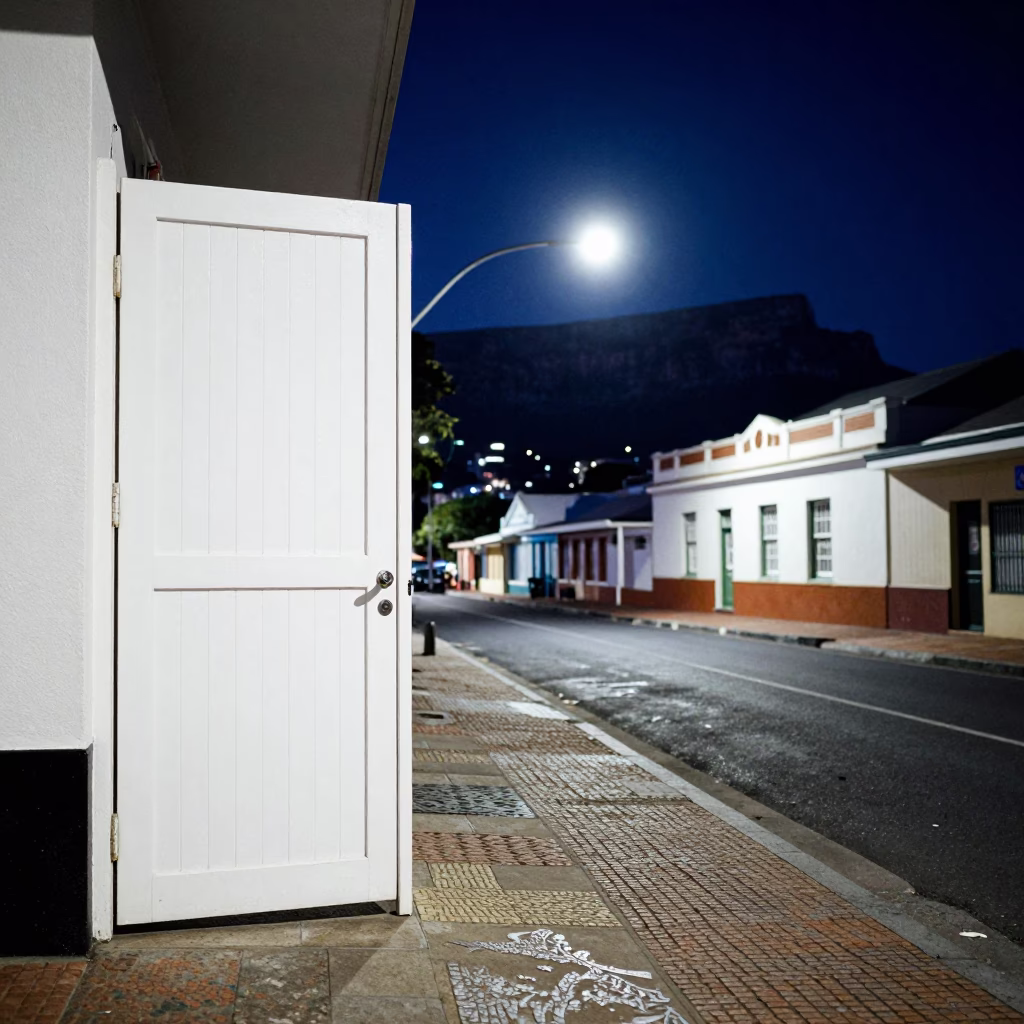 Late Night Cape Town Street Scene with Hinged Door and Broom in in Cape Town, South Africa