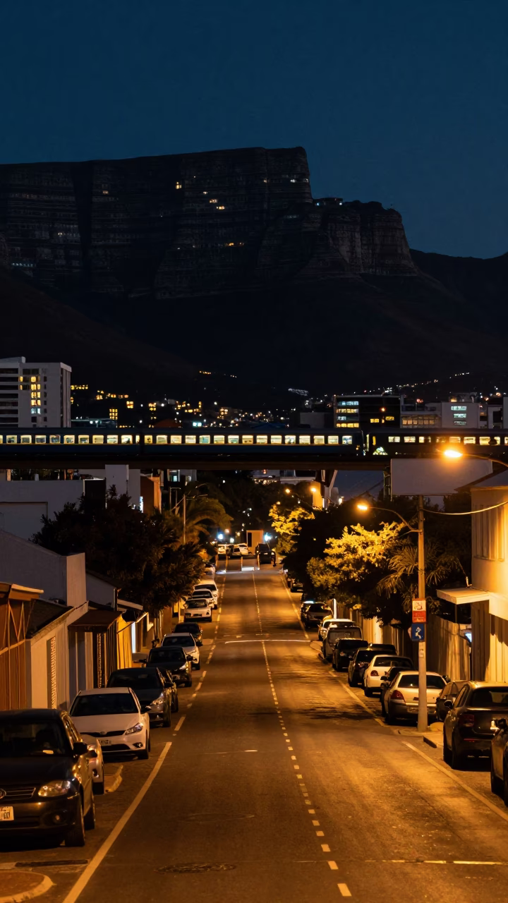 Late Night Cape Town Street Scene with Lit Windows and Rain-Slicked Roads in in Cape Town, South Africa