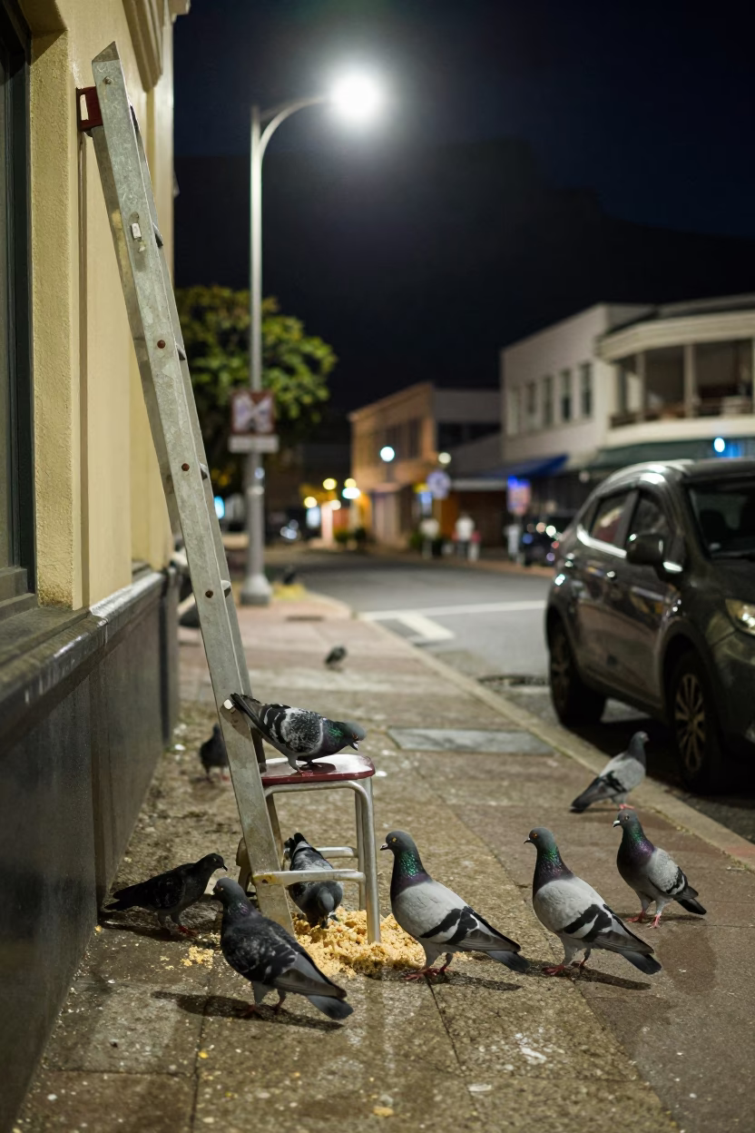 Late Night Cape Town Street Scene with Pigeons and Ladder-Back Chair in in Cape Town, South Africa