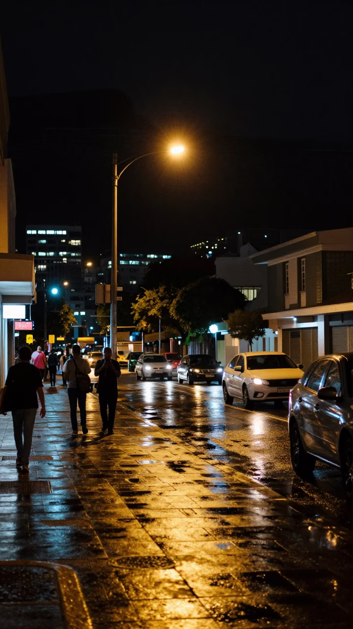 Late Night Cape Town Street Scene with Reflections and Urban Details in in Cape Town, South Africa