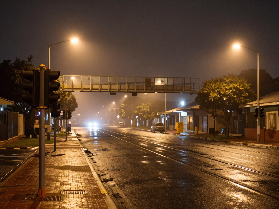 Late Night Cape Town Street Scene With Signal Gantry And Misty Rail Lines in in Cape Town, South Africa