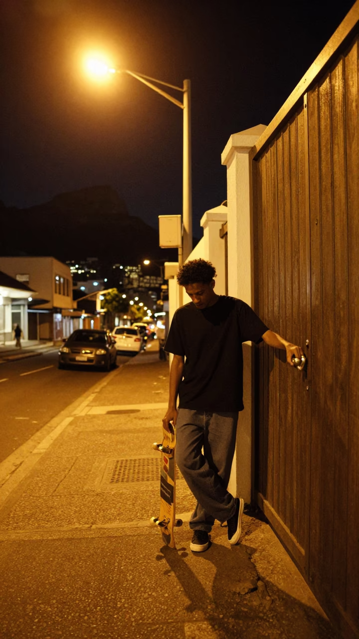 Late Night Cape Town Street Scene with Skateboard and Gate Handle in in Cape Town, South Africa