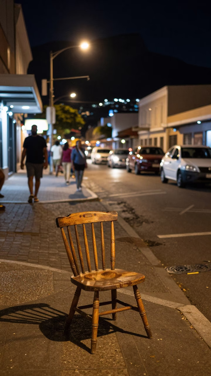 Late Night Cape Town Street Scene with Spindle Chair and Coffee Tin in in Cape Town, South Africa