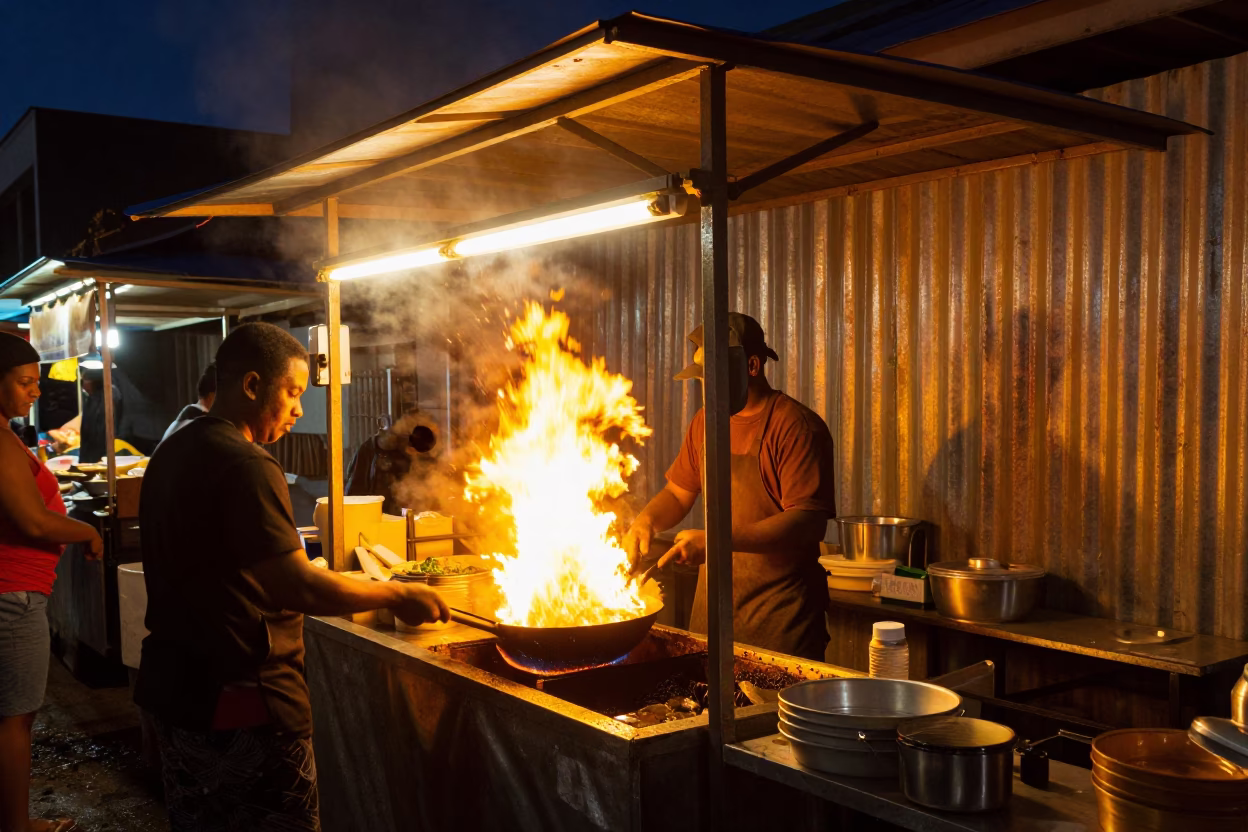 Late Night Cape Town Street Scene with Thai Food Stall and Lemons in in Cape Town, South Africa