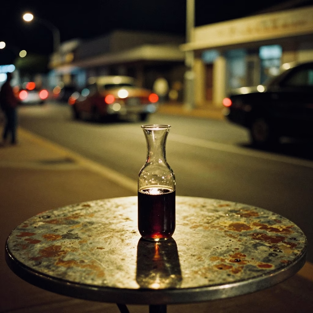 Late Night Cape Town Street Scene with Vintage Carafe and Rusty Bowl Under Streetlight in in Cape Town, South Africa