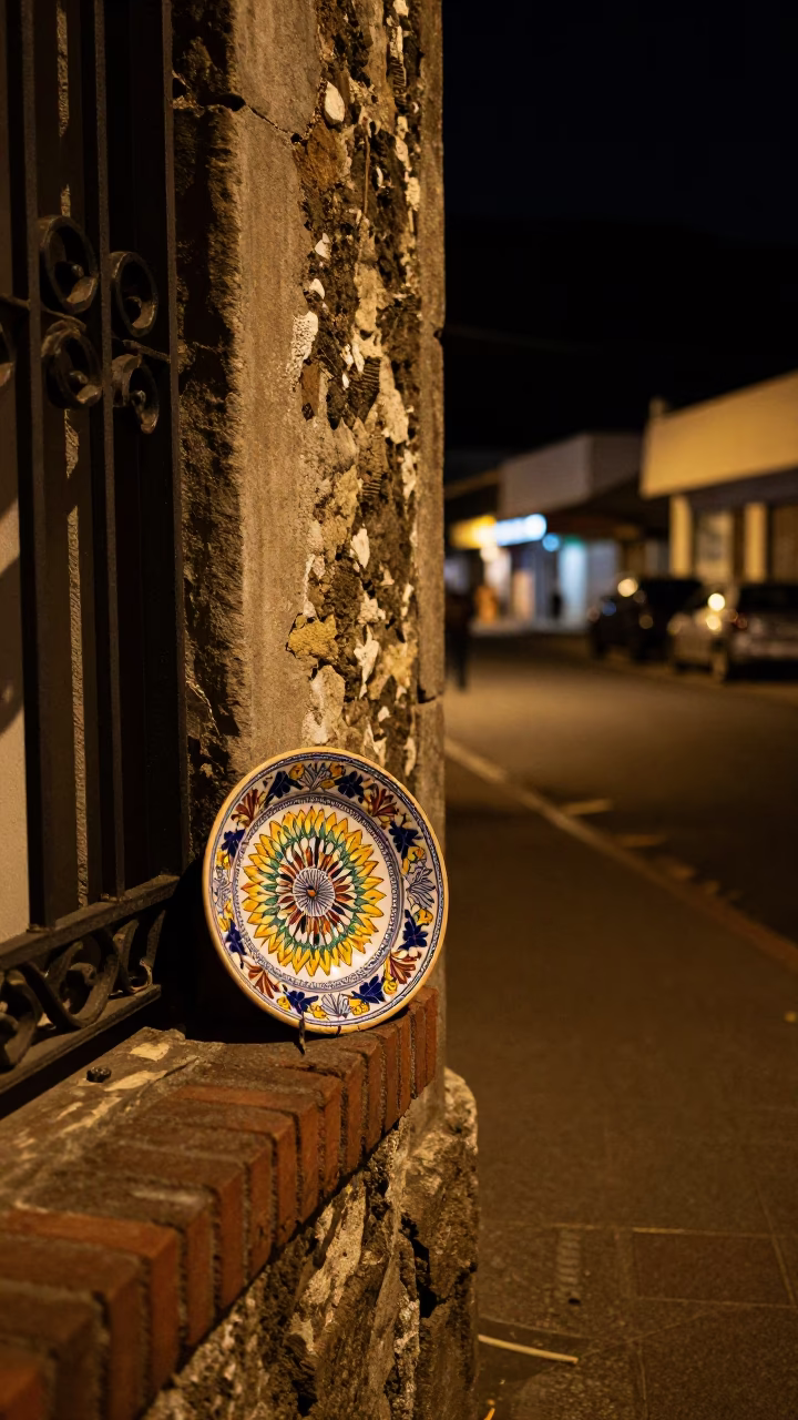 Late Night Cape Town Street Scene with Vintage Majolica Plate and Observational Ambiance in in Cape Town, South Africa