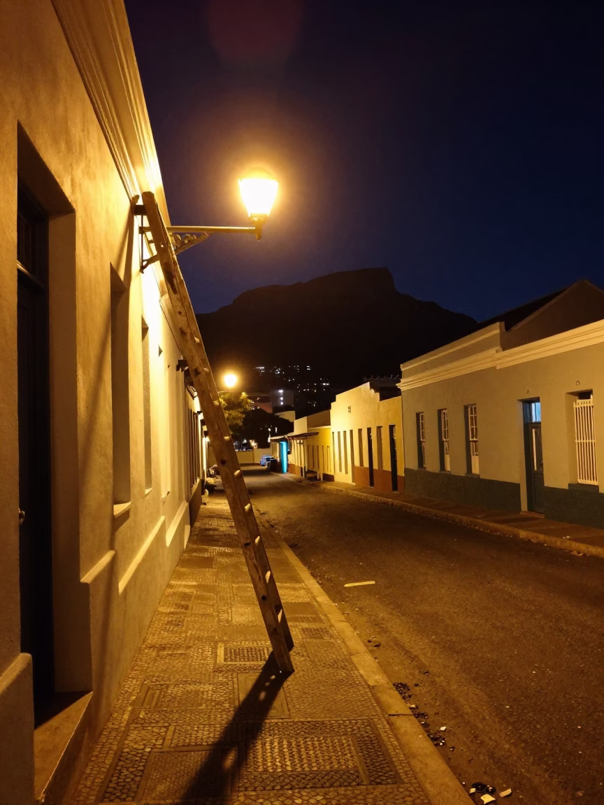 Late Night Cape Town Street Scene with Wooden Ladder and Saucepan Near Table Mountain in in Cape Town, South Africa