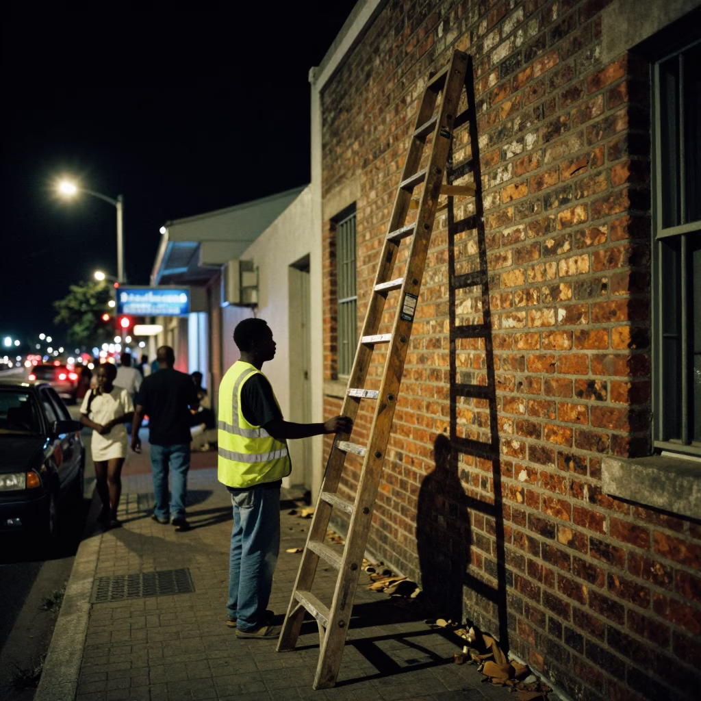 Late Night Cape Town Street Scene with Wooden Ladder and Thermos Near Table in in Cape Town, South Africa