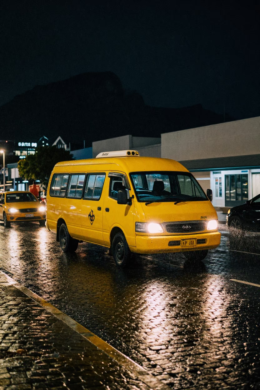 Late Night Cape Town Street Scene with Yellow Taxi and Bougainvillea in Rain in in Cape Town, South Africa
