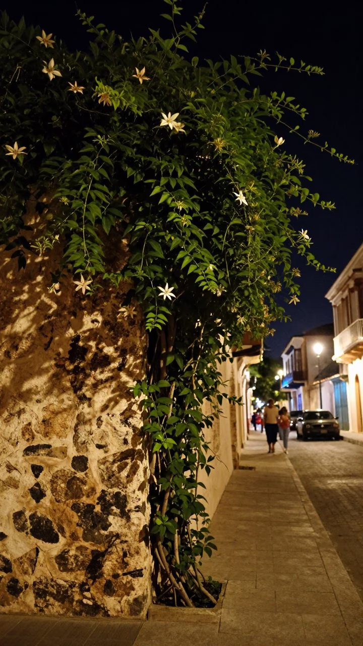 Late Night Cartagena Colombia Street Scene with Clematis Vine and Brushed Steel Latch in in Cartagena, Colombia