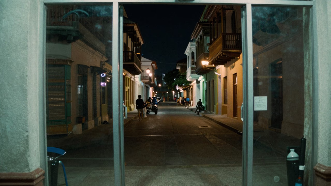 Late Night Cartagena Colombia Street Scene with Glass Doorframe and Ylang Ylang Tree Bloom in in Cartagena, Colombia