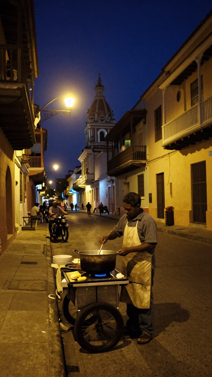Late Night Cartagena Colombia Street Scene with Street Vendor and Motorbike in in Cartagena, Colombia