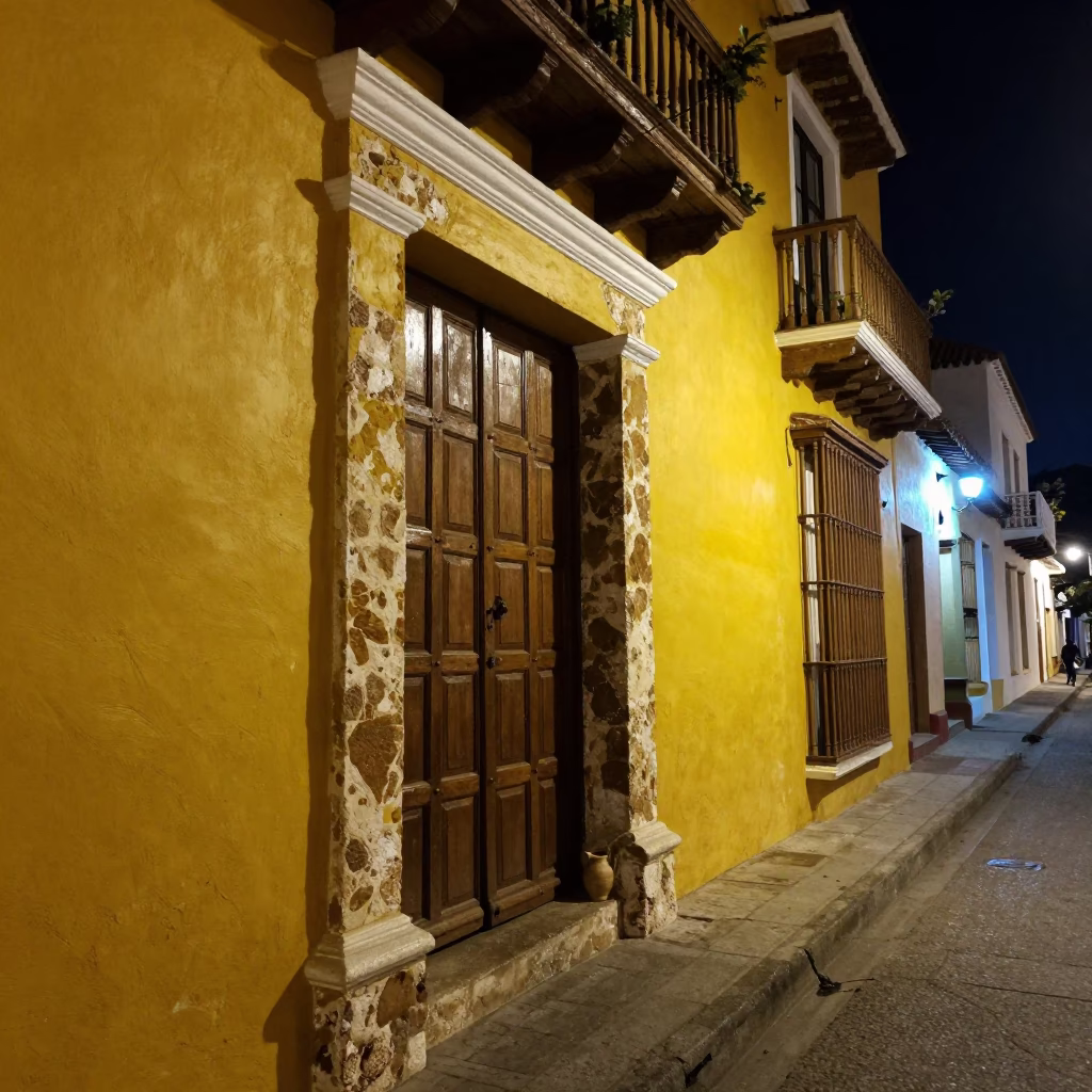 Late Night Cartagena Street Scene with Ceramic Pitcher and Deadbolt Detail in in Cartagena, Colombia