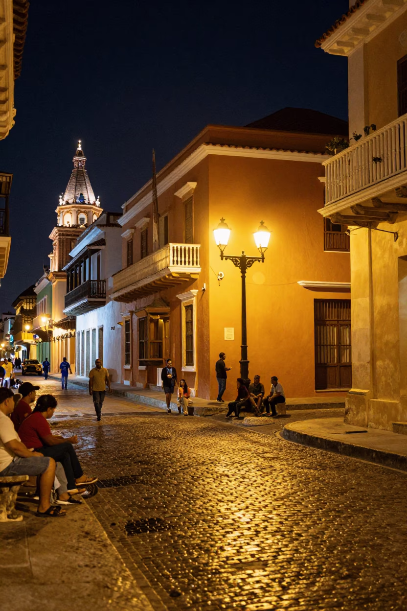 Late Night Cartagena Street Scene with Colorful Colonial Architecture and Local Dining in in Cartagena, Colombia