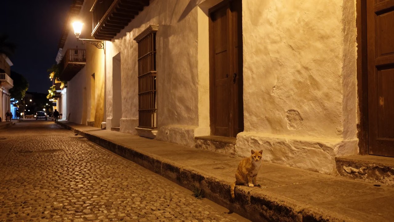 Late Night Cartagena Street Scene with Ginger Cat and Fountain Spray in in Cartagena, Colombia