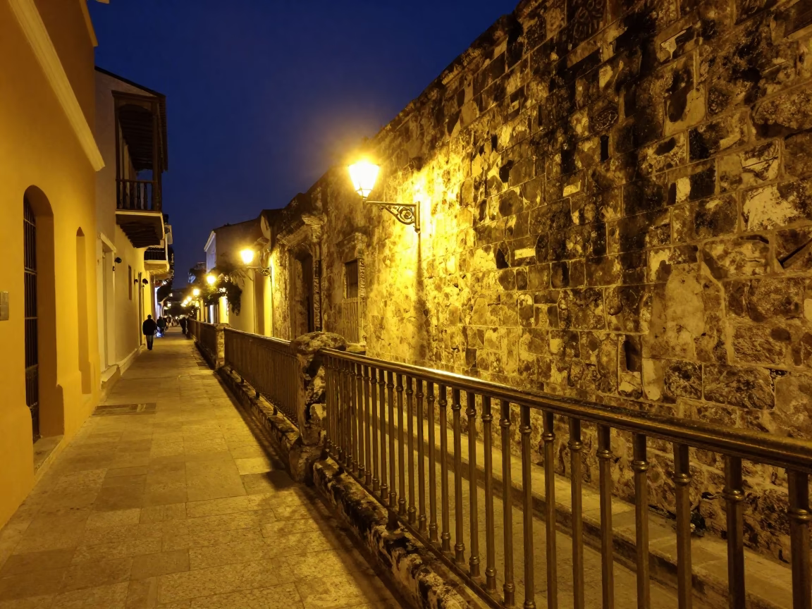Late Night Cartagena Street Scene with Polished Brass Rail and Lemons in Colonial Plaza in in Cartagena, Colombia