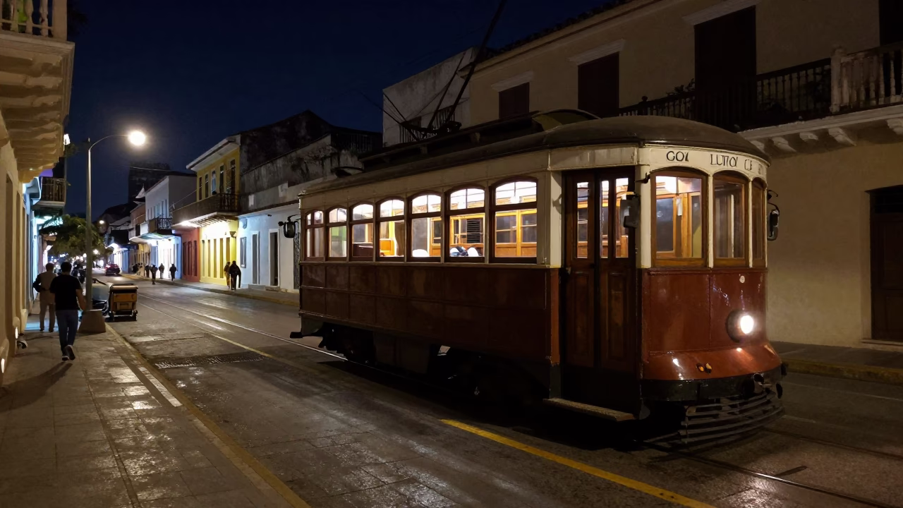 Late Night Cartagena Street Scene with Tramcar Reflections on Wet Cobblestones in in Cartagena, Colombia