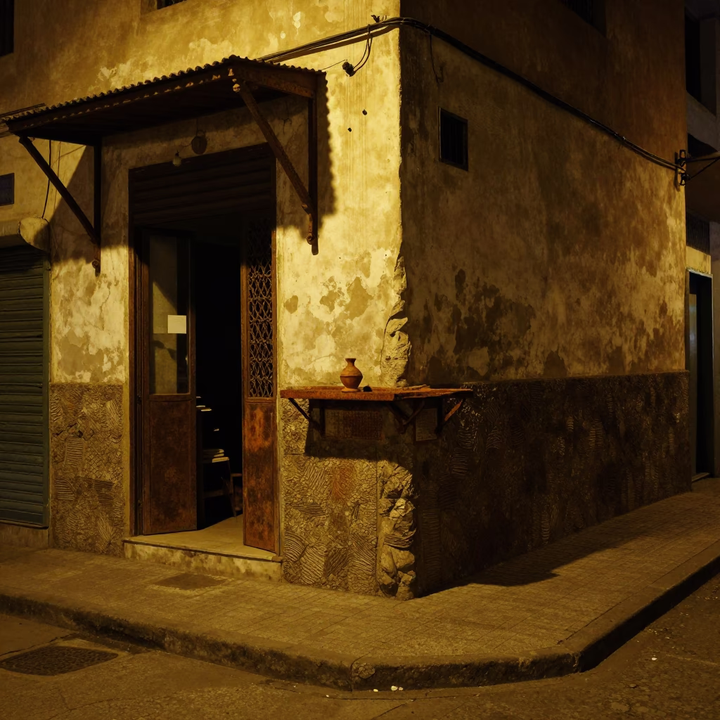 Late Night Casablanca Street Corner with Rusty Bracket and Incense Holder in in Casablanca, Morocco