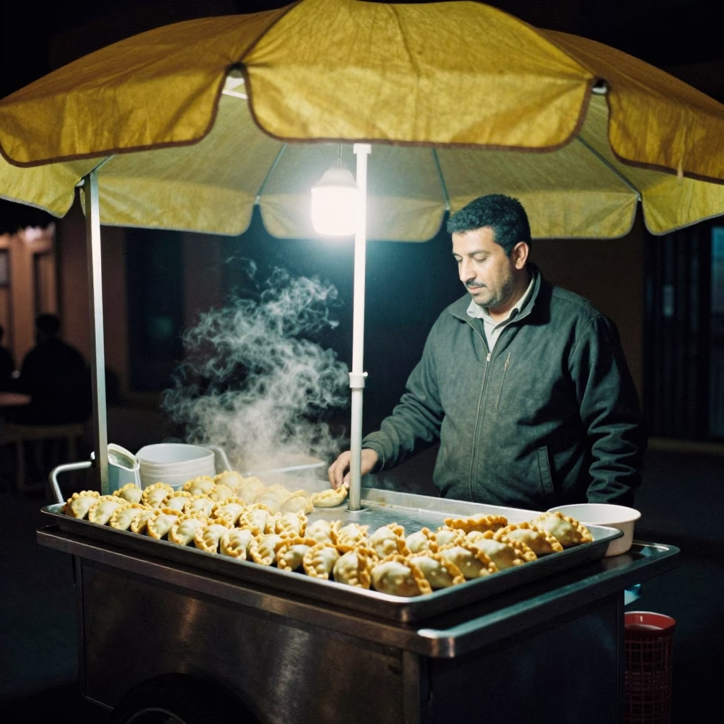Late Night Casablanca Street Food Vendor with Yellow Umbrella and Ceramic Tiles in in Casablanca, Morocco
