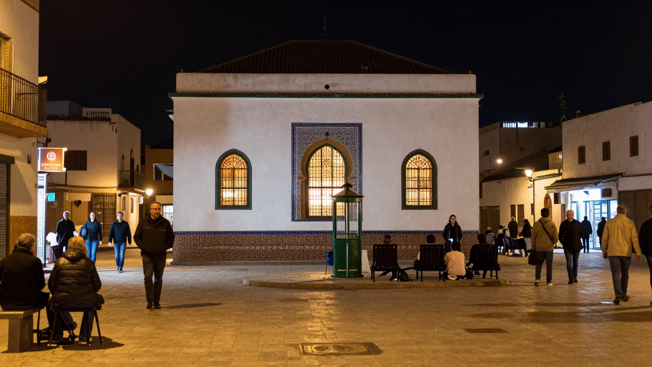 Late Night Casablanca Street Scene with Glowing Pump House and Local Vendor in in Casablanca, Morocco