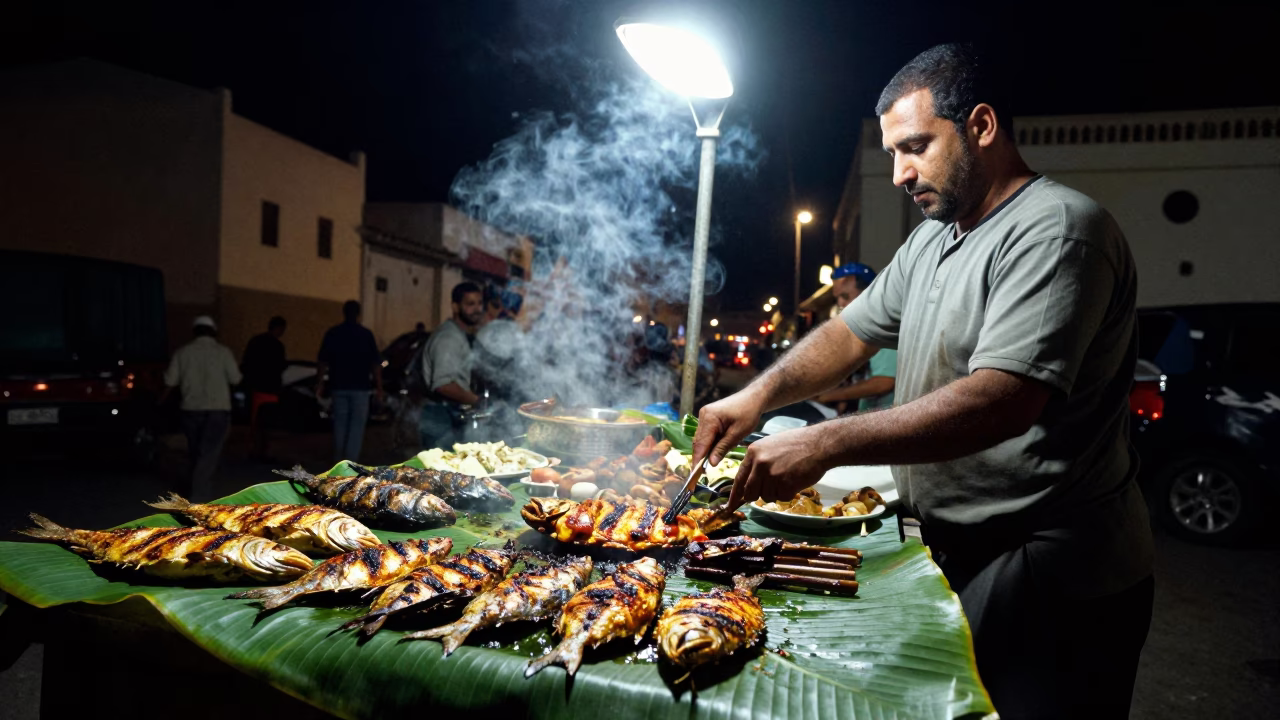 Late Night Casablanca Street Scene with Grilled Fish and Banana Leaf in in Casablanca, Morocco